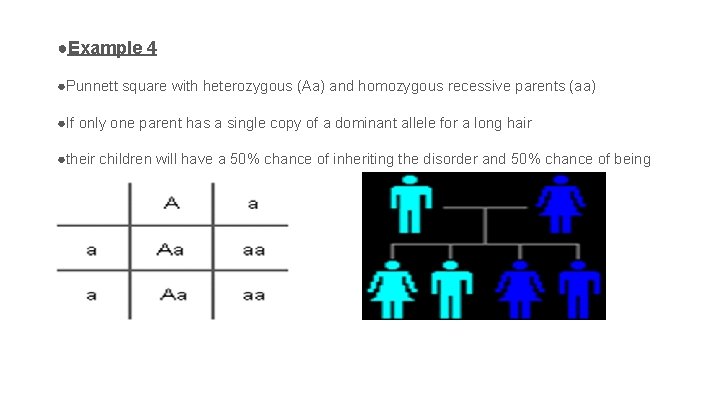 ●Example 4 ●Punnett square with heterozygous (Aa) and homozygous recessive parents (aa) ●If only