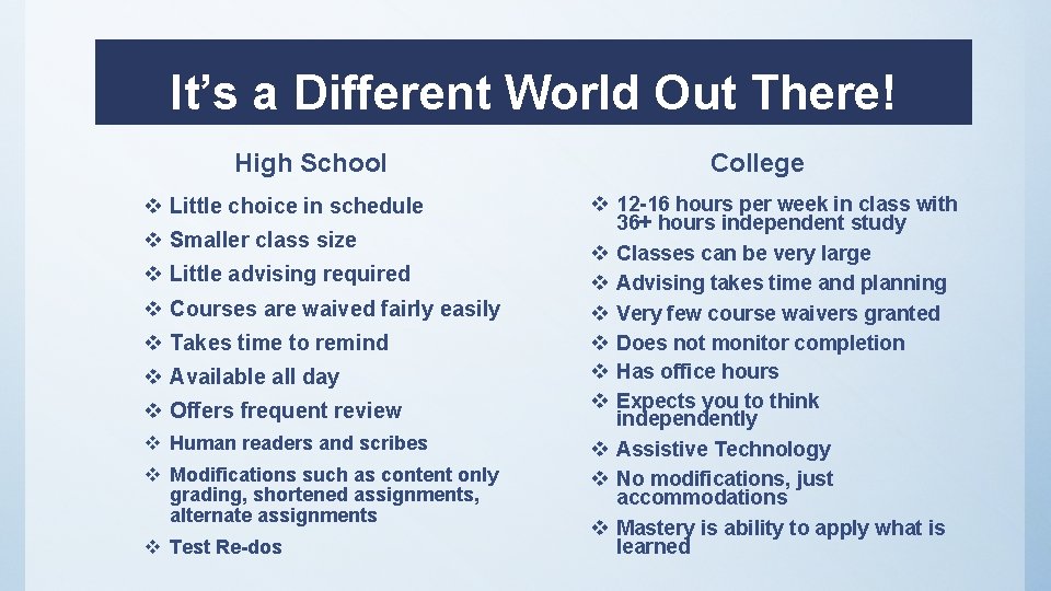 It’s a Different World Out There! High School v Little choice in schedule v