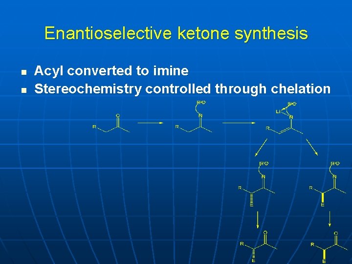 Enantioselective ketone synthesis n n Acyl converted to imine Stereochemistry controlled through chelation 