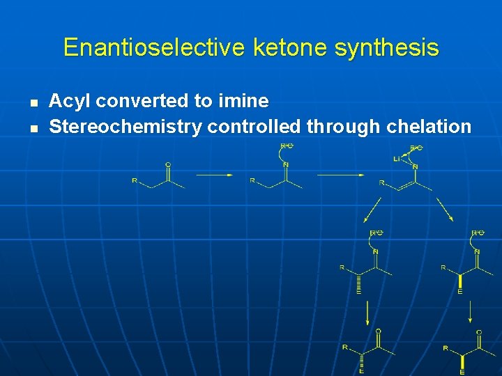 Enantioselective ketone synthesis n n Acyl converted to imine Stereochemistry controlled through chelation 
