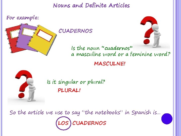 Nouns and Definite Articles For example: CUADERNOS Is the noun “cuadernos” a masculine word