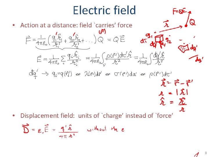 Electric field • Action at a distance: field `carries’ force • Displacement field: units