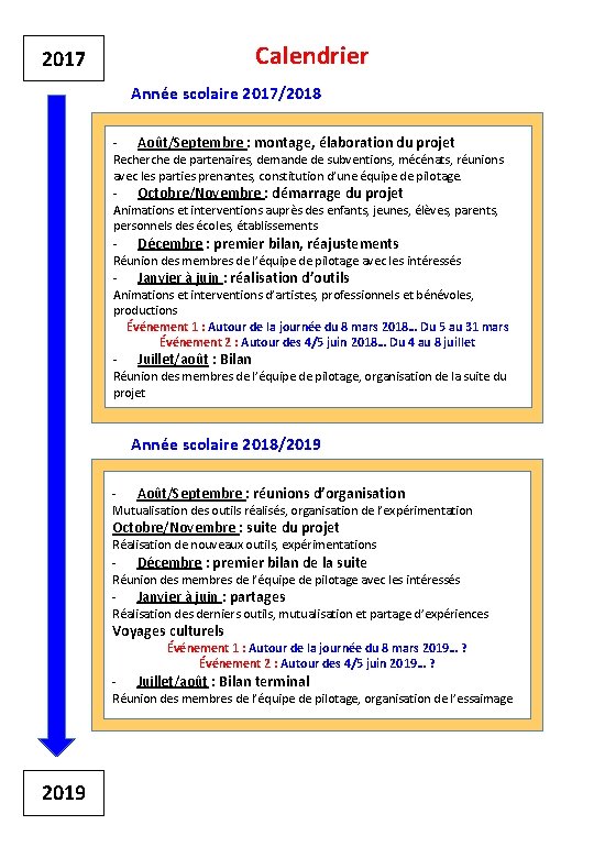 Calendrier 2017 Année scolaire 2017/2018 - Août/Septembre : montage, élaboration du projet - Octobre/Novembre