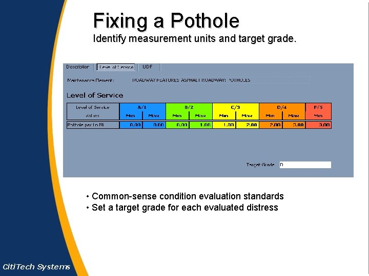 Fixing a Pothole Identify measurement units and target grade. • Common-sense condition evaluation standards