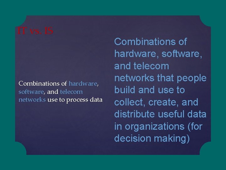 IT vs. IS Combinations of hardware, software, and telecom networks use to process data