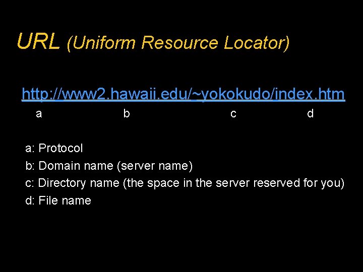 URL (Uniform Resource Locator) http: //www 2. hawaii. edu/~yokokudo/index. htm a b c d