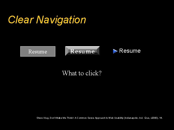 Clear Navigation Resume What to click? Steve Krug, Don’t Make Me Think!: A Common