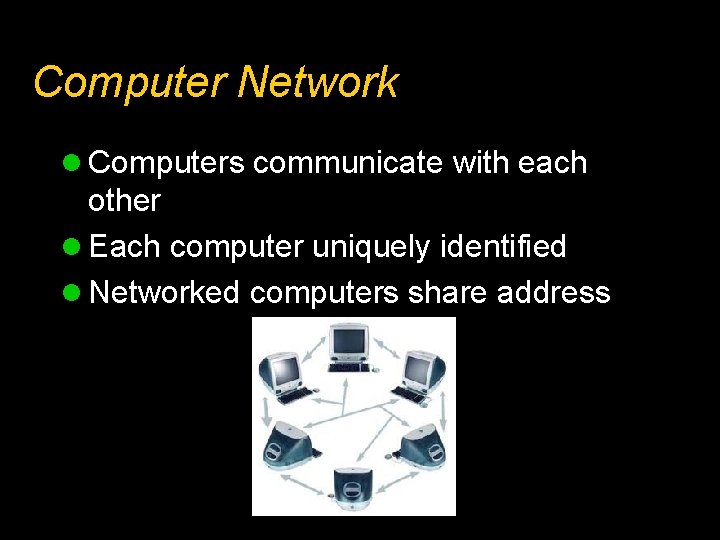 Computer Network l Computers communicate with each other l Each computer uniquely identified l