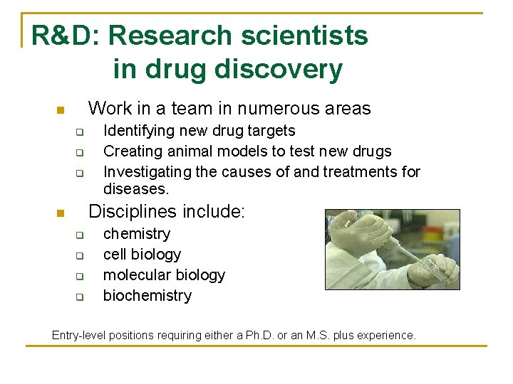 R&D: Research scientists in drug discovery Work in a team in numerous areas n