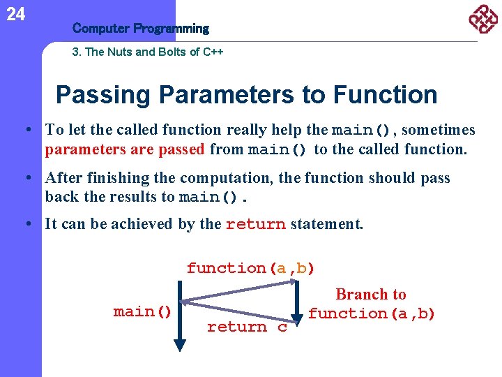 24 Computer Programming 3. The Nuts and Bolts of C++ Passing Parameters to Function