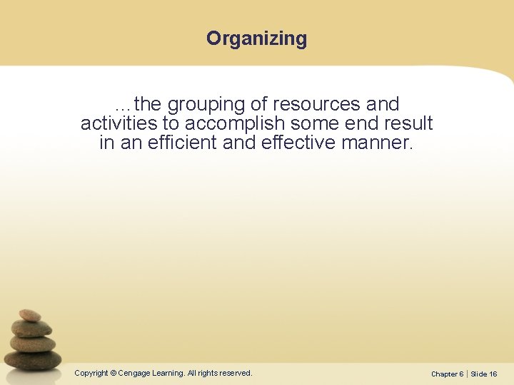 Organizing …the grouping of resources and activities to accomplish some end result in an