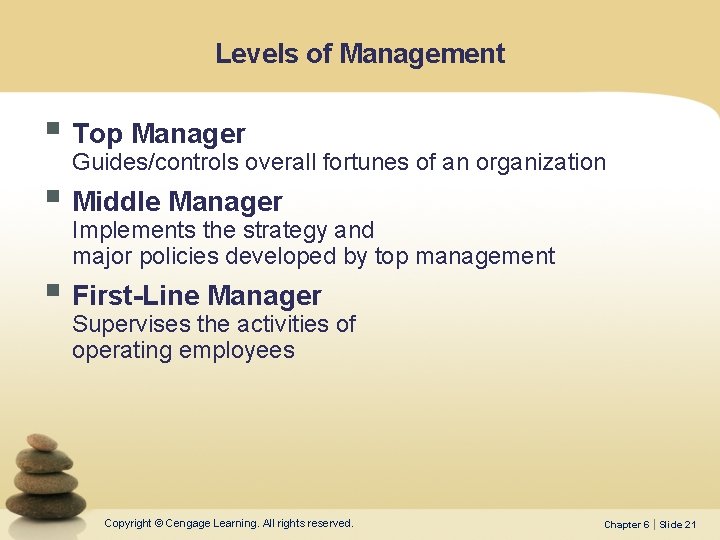 Levels of Management § Top Manager Guides/controls overall fortunes of an organization § Middle