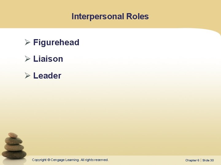 Interpersonal Roles Ø Figurehead Ø Liaison Ø Leader Copyright © Cengage Learning. All rights