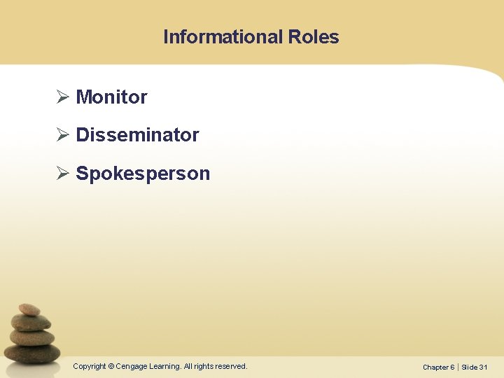 Informational Roles Ø Monitor Ø Disseminator Ø Spokesperson Copyright © Cengage Learning. All rights