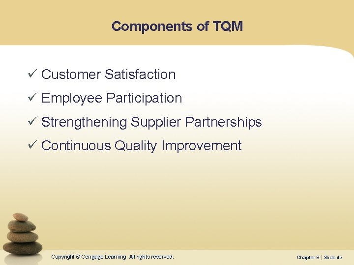 Components of TQM ü Customer Satisfaction ü Employee Participation ü Strengthening Supplier Partnerships ü