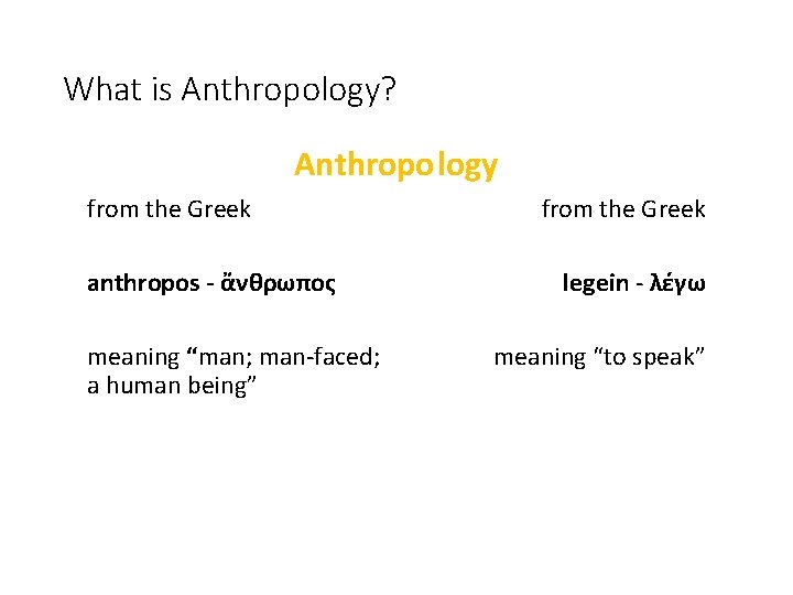 What is Anthropology? Anthropo logy from the Greek anthropos - ἄνθρωπος meaning “man; man-faced;