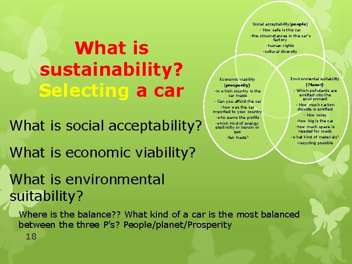Social acceptability(people) What is sustainability? Selecting a car What is social acceptability? What is