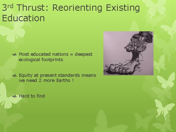 3 rd Thrust: Reorienting Existing Education Most educated nations = deepest ecological footprints Equity