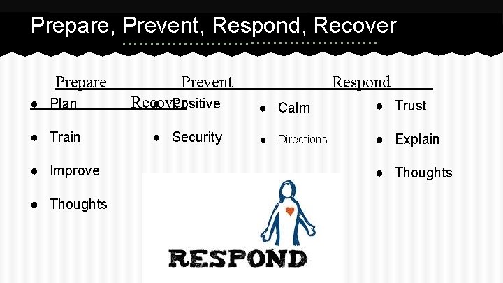 Prepare, Prevent, Respond, Recover Prepare ● Plan ● Train ● Improve ● Thoughts Prevent