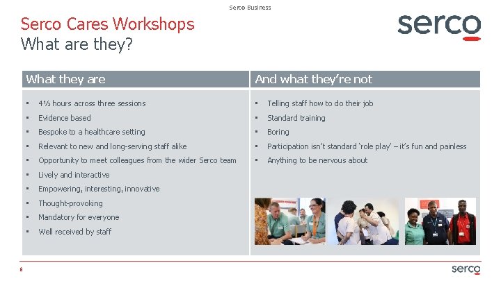 Serco Business Serco Cares Workshops What are they? What they are 8 And what