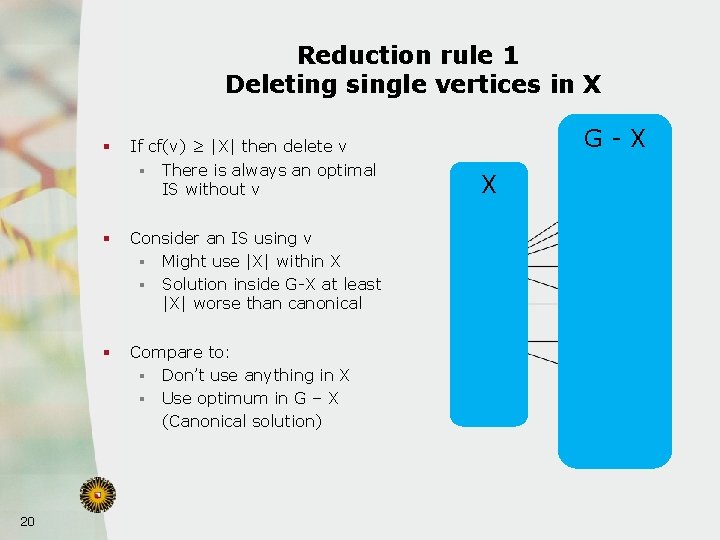 Reduction rule 1 Deleting single vertices in X § 20 If cf(v) ≥ |X|