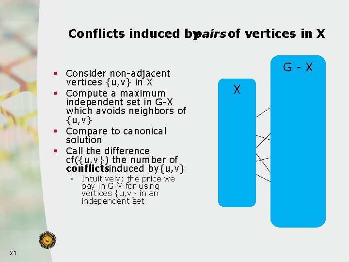 Conflicts induced bypairs of vertices in X § Consider non-adjacent vertices {u, v} in