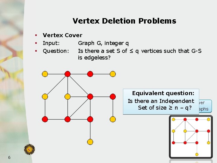 Vertex Deletion Problems § § § Vertex Cover Input: Graph G, integer q Question: