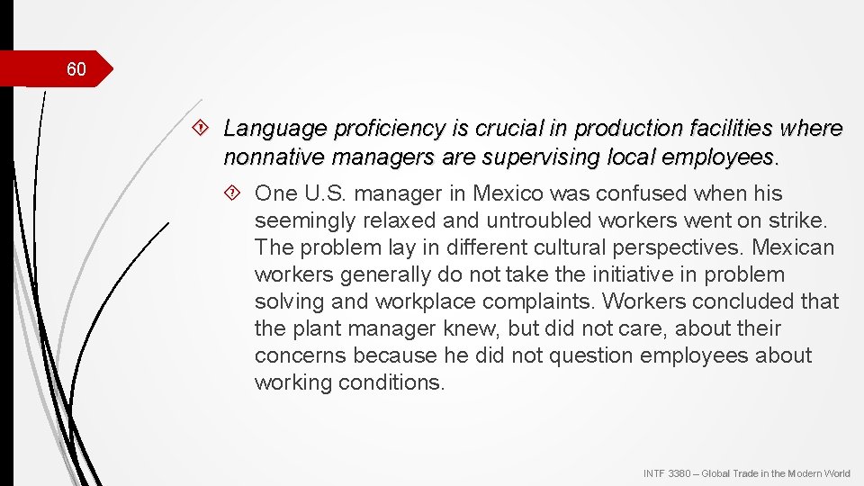 60 Language proficiency is crucial in production facilities where nonnative managers are supervising local