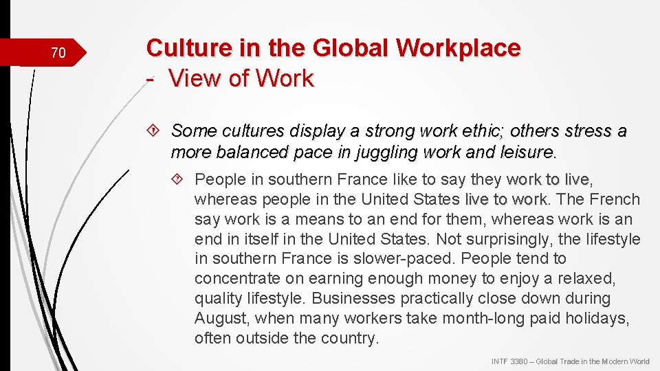 70 Culture in the Global Workplace - View of Work Some cultures display a