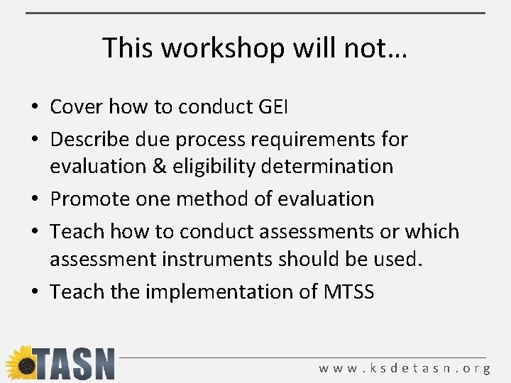 This workshop will not… • Cover how to conduct GEI • Describe due process