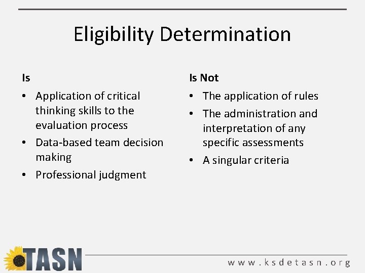 Eligibility Determination Is Is Not • Application of critical thinking skills to the evaluation