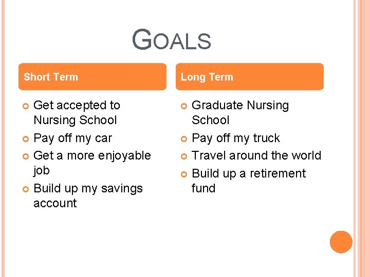 GOALS Short Term Long Term Get accepted to Nursing School Pay off my car