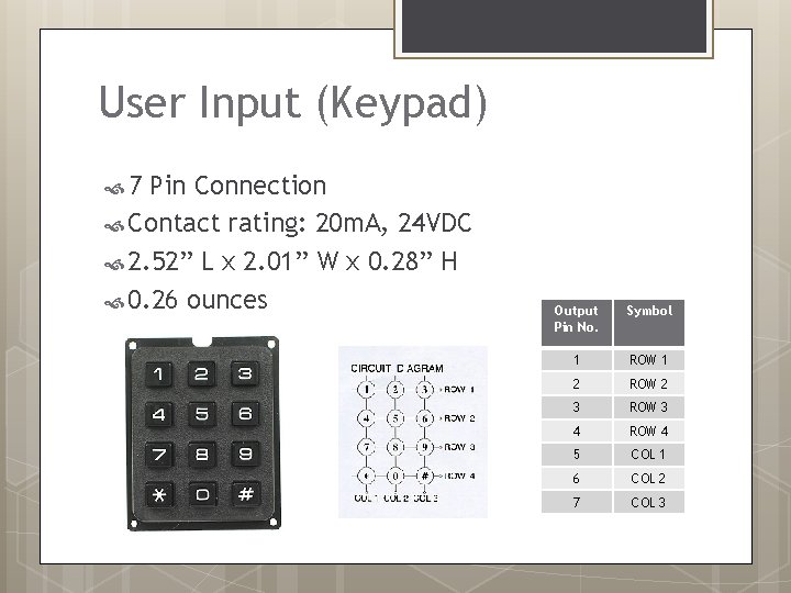 User Input (Keypad) 7 Pin Connection Contact rating: 20 m. A, 24 VDC 2.