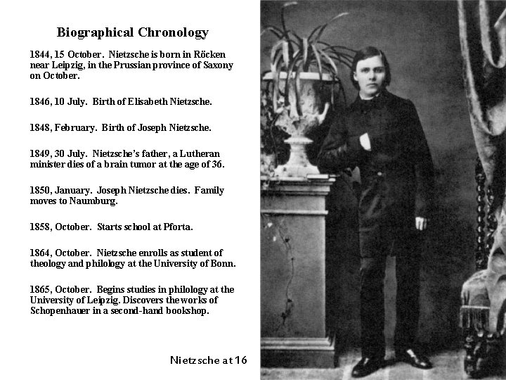 Biographical Chronology 1844, 15 October. Nietzsche is born in Röcken near Leipzig, in the