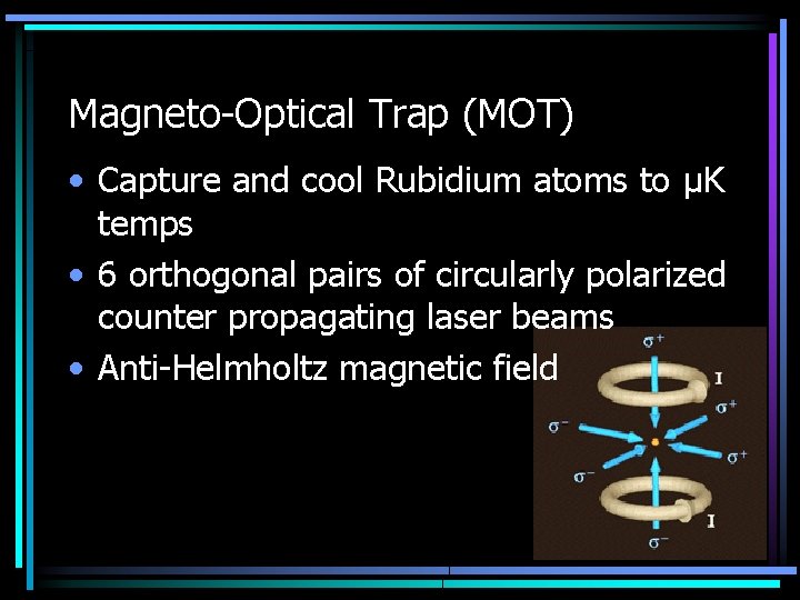 Magneto-Optical Trap (MOT) • Capture and cool Rubidium atoms to μK temps • 6