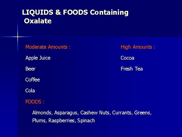 LIQUIDS & FOODS Containing Oxalate Moderate Amounts : High Amounts : Apple Juice Cocoa