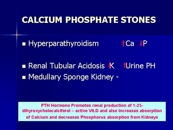 CALCIUM PHOSPHATE STONES n Hyperparathyroidism Ca P Renal Tubular Acidosis K Urine PH n