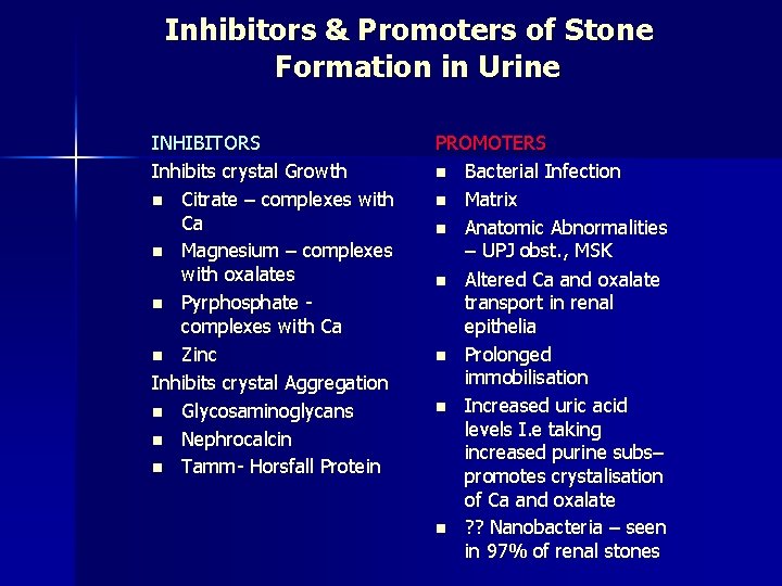 Inhibitors & Promoters of Stone Formation in Urine INHIBITORS Inhibits crystal Growth n Citrate