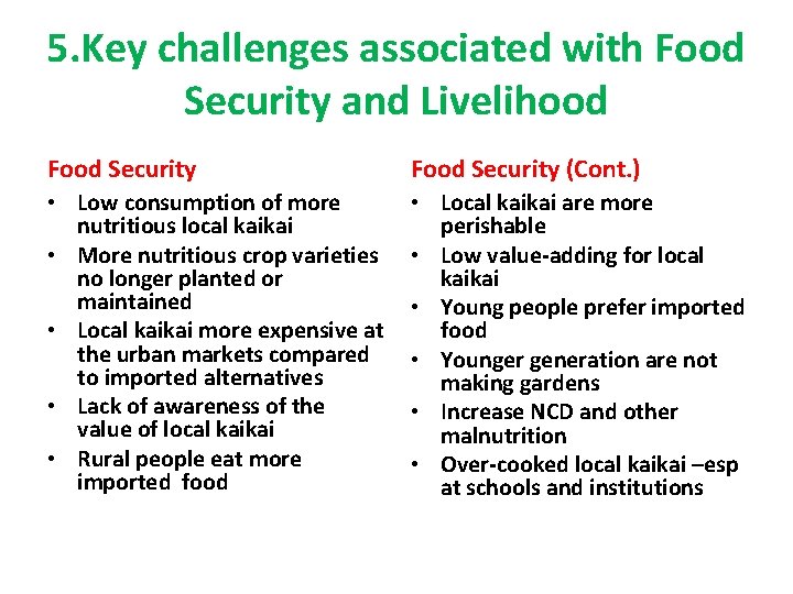 5. Key challenges associated with Food Security and Livelihood Food Security (Cont. ) •