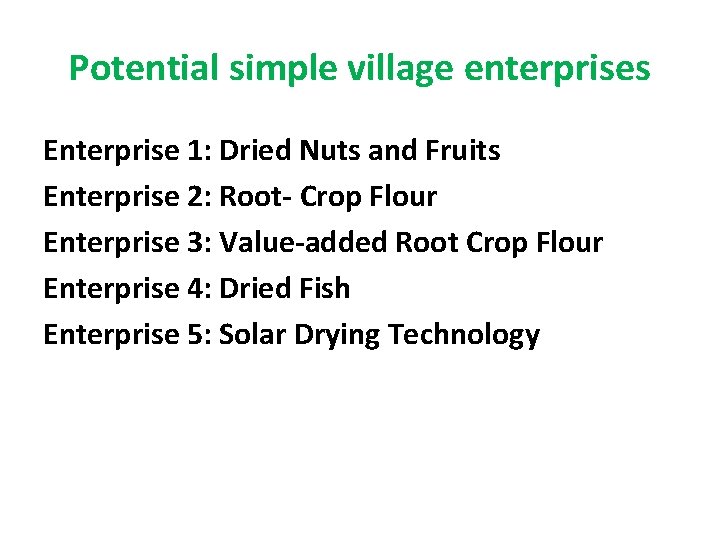 Potential simple village enterprises Enterprise 1: Dried Nuts and Fruits Enterprise 2: Root- Crop