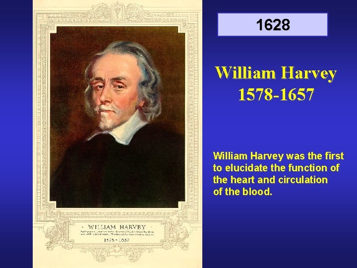 1628 William Harvey 1578 -1657 William Harvey was the first to elucidate the function