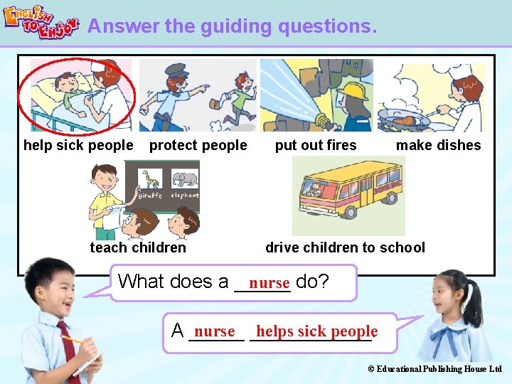 Answer the guiding questions. help sick people protect people teach children put out fires