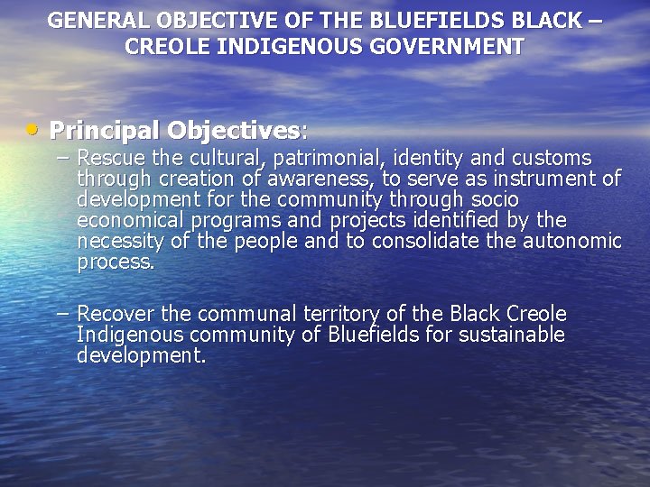 GENERAL OBJECTIVE OF THE BLUEFIELDS BLACK – CREOLE INDIGENOUS GOVERNMENT • Principal Objectives: –