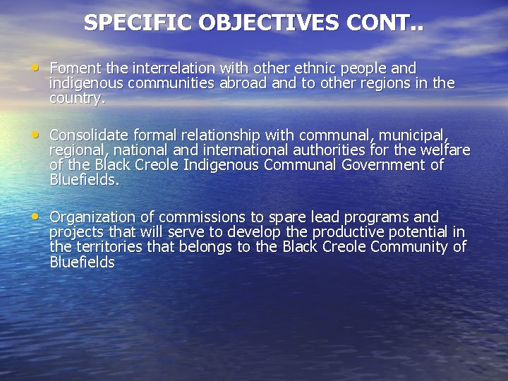 SPECIFIC OBJECTIVES CONT. . • Foment the interrelation with other ethnic people and indigenous