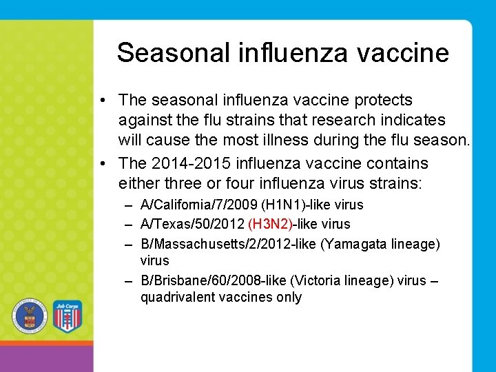 Seasonal influenza vaccine • The seasonal influenza vaccine protects against the flu strains that Seasonal influenza vaccine • The seasonal influenza vaccine protects against the flu strains that