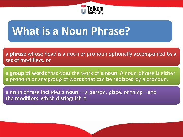 What is a Noun Phrase? a phrase whose head is a noun or pronoun