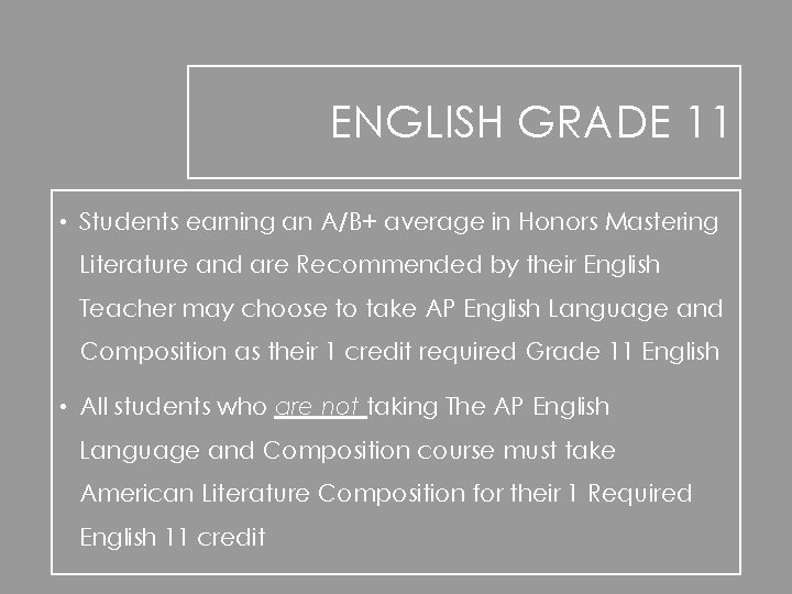 ENGLISH GRADE 11 • Students earning an A/B+ average in Honors Mastering Literature and