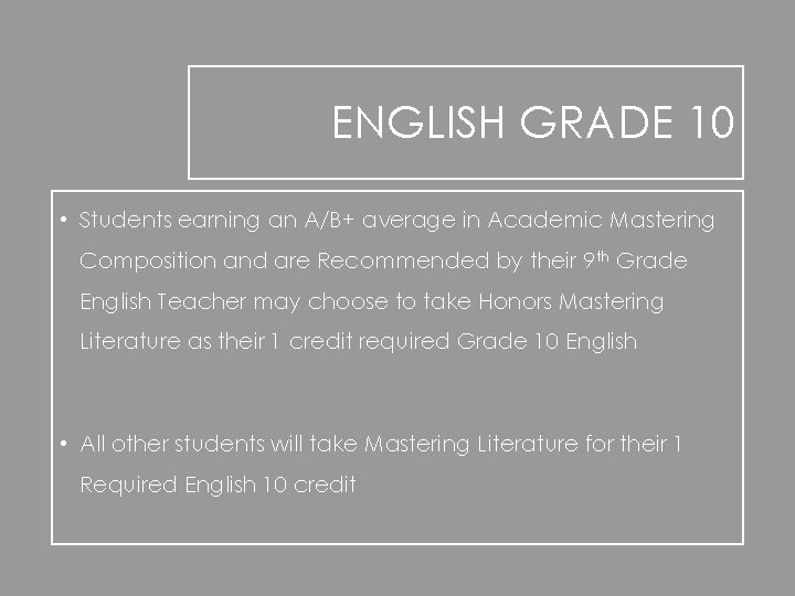 ENGLISH GRADE 10 • Students earning an A/B+ average in Academic Mastering Composition and