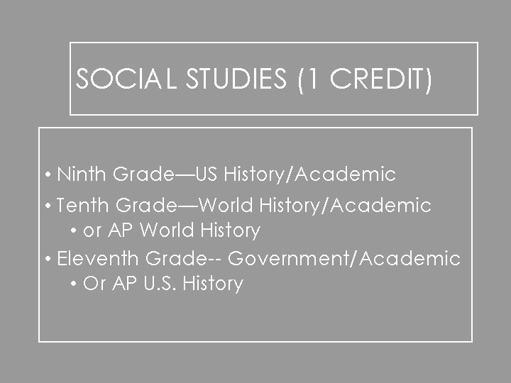 SOCIAL STUDIES (1 CREDIT) • Ninth Grade—US History/Academic • Tenth Grade—World History/Academic • or