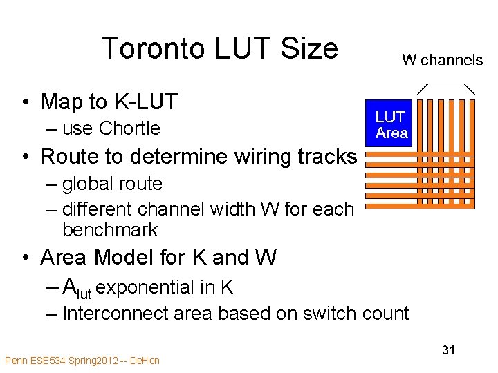 Toronto LUT Size • Map to K-LUT – use Chortle • Route to determine